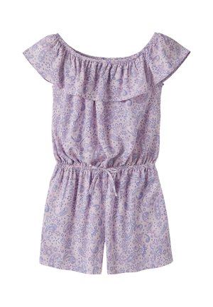 Hellvioletter Off-Shoulder-Overall mit Rüschen am Ausschnitt, elastischer Taille, Kordelzug und kleinem dunklem Paisley- und Blumenmuster.