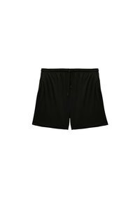 Zwarte sportieve shorts gemaakt van lichtgewicht stof, met een elastische tailleband met trekkoord, zijzakken en een relaxte pasvorm.