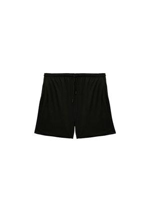 Zwarte sportieve shorts gemaakt van lichtgewicht stof, met een elastische tailleband met trekkoord, zijzakken en een relaxte pasvorm.