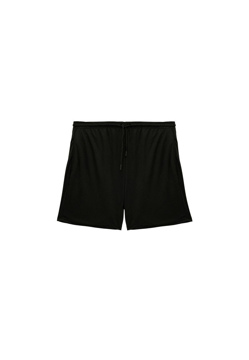 Zwarte sportieve shorts gemaakt van lichtgewicht stof, met een elastische tailleband met trekkoord, zijzakken en een relaxte pasvorm.