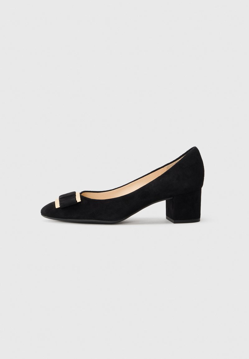 Black suede block-heeled pump with pointed toe. Features a gold-toned accent on the vamp. Smooth texture and a classic silhouette.