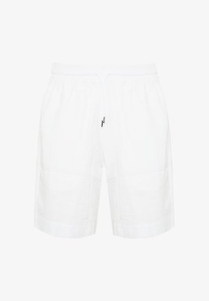 Pantaloni corti bianchi in cotone con vita elasticizzata, chiusura con cordoncino e due tasche laterali. Tessuto morbido con vestibilità comoda.