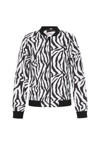 Bílý a černý bomber jacket se zebřími pruhy, se zipem vpředu, žebrovanými manžetami a lemem, vyrobený z lehkého materiálu.