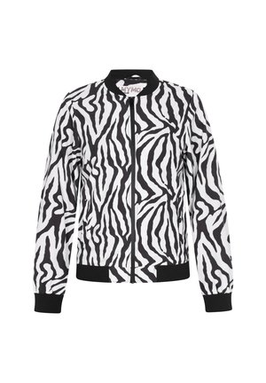 Bomber jacket a strisce zebrate in bianco e nero con zip frontale, polsini e orlo a coste, realizzata in materiale leggero.
