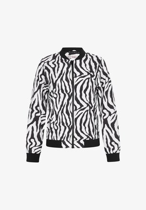 Fekete-fehér zebra csíkos bomber dzseki, cipzáros elülső résszel, bordázott mandzsettákkal és szegéllyel, könnyű anyagból készült.