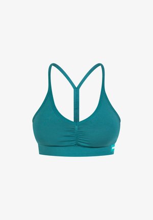 Bralette turchese realizzato in tessuto morbido, con scollatura a V, centro arricciato e spalline incrociate sul retro. Etichetta sul lato sinistro.