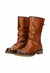 Brune læderknæhøje støvler med en slouchy design, rund tå og tekstureret gummisål. Har en blød glans og minimal syning.