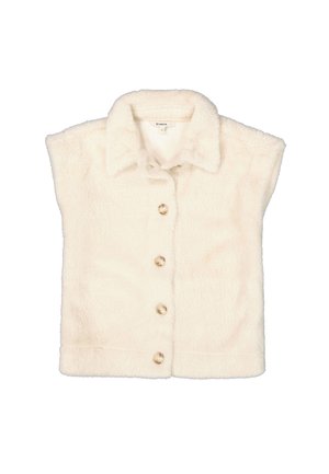 Gilet en fausse fourrure crème avec un col et six boutons beiges à l'avant. Manches courtes et texture douce.