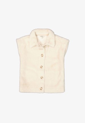Faux-Fur-Weste in Creme mit einem kragenlosen Halsauschnitt und sechs beigen Knöpfen auf der Vorderseite. Kurze Ärmel und weicher Stoff.