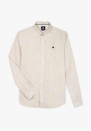 Lichtbeige overhemdbloes met dunne verticale strepen, lange mouwen en een klein zwart boomsymbool op de linkerborst. Katoenen stofstructuur.