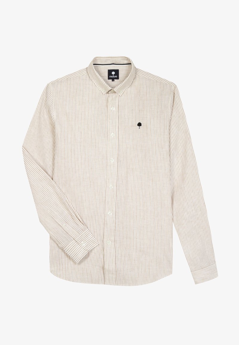 Lichtbeige overhemdbloes met dunne verticale strepen, lange mouwen en een klein zwart boomsymbool op de linkerborst. Katoenen stofstructuur.