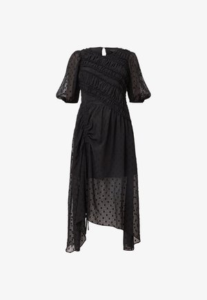 Schwarzes Kleid aus transparenter, strukturiertem Stoff mit Rüschendetails, Puffärmeln und asymmetrischem Saum. Verwickelter Kordelzug in der Taille.