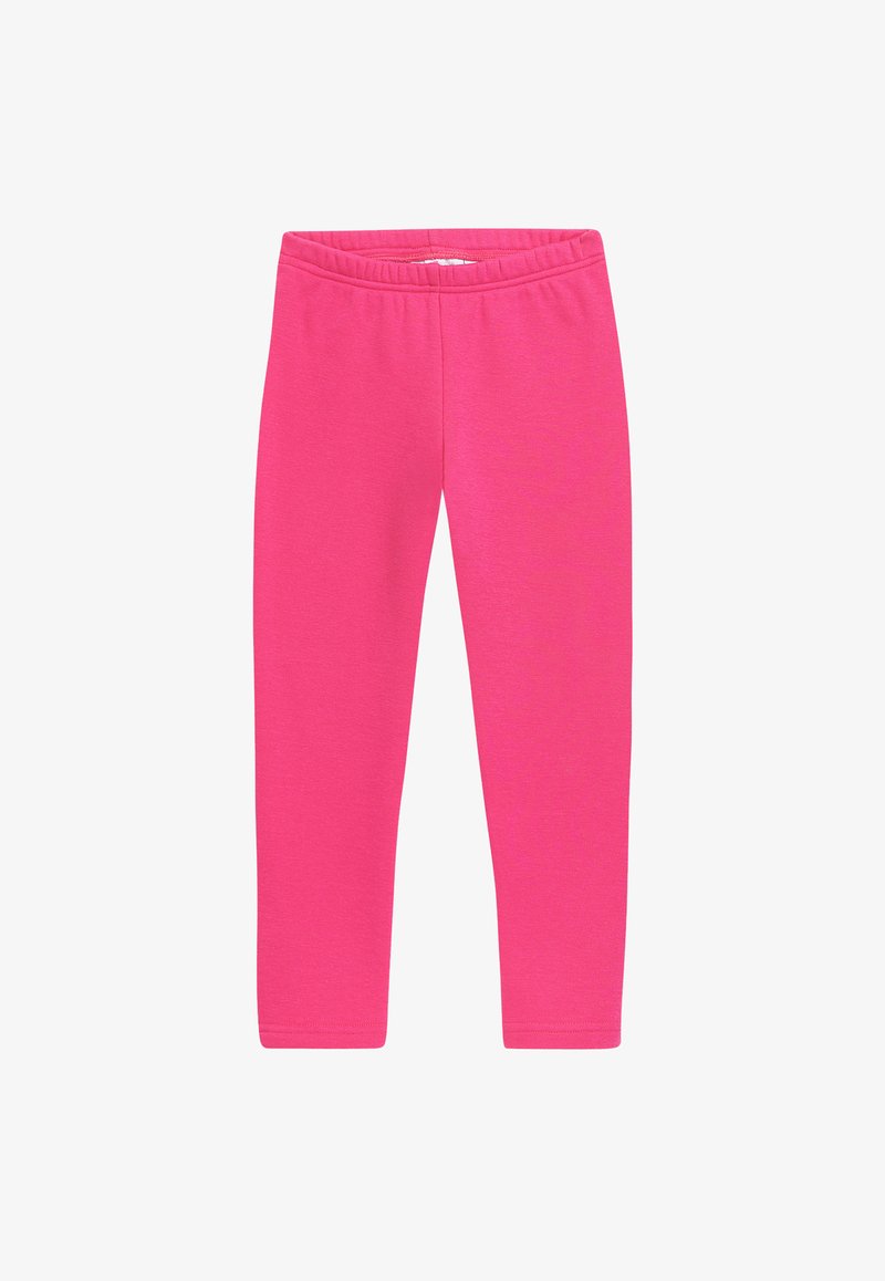 Pink leggings with a smooth texture, featuring an elastic waistband and a tapered design, suitable for casual or active wear.