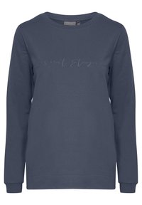 Felpa blu navy in misto cotone, con maniche lunghe, scollatura rotonda e un sottile design testuale "Eleganza Casuale".