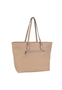 Borsa a tracolla in pelle beige, forma rettangolare, manici superiori doppi, tasca frontale con zip, finitura texture, design minimalista.
