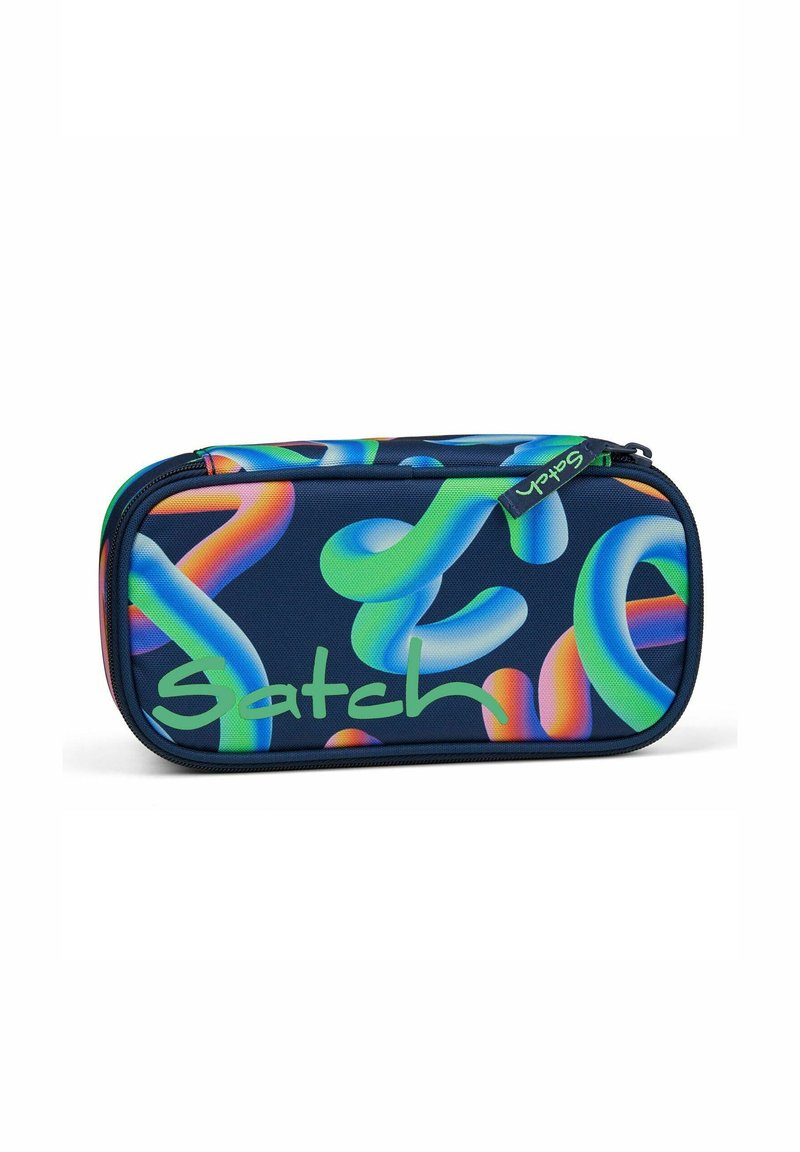 Stiftetasche mit Reißverschluss aus strapazierfähigem Stoff, mit einem dunkelblauen Hintergrund und lebhaften, geschwungenen, abstrakten Linien in Grün, Pink und Blau.