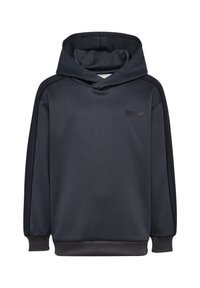 Mörkgrå huvtröja med mjuk textur, som har en känguruficka, ribbade muddar och en diskret logotyp på bröstet.