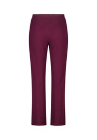 Bordeaux ribbelgebreide broek met een rechte pijp en elastische tailleband, vanachter afgebeeld tegen een witte achtergrond.