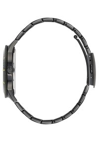 Montre en métal noir avec un boîtier rond, une lunette texturée et un bracelet en maillons. Dotée d'une couronne ronde et d'une finition lisse.