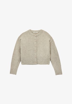 Lys grå kort cardigan lavet af blødt strikstof, med en rund halsudskæring og seks matchende knapper ned foran. Ribbet manchetter og kant.