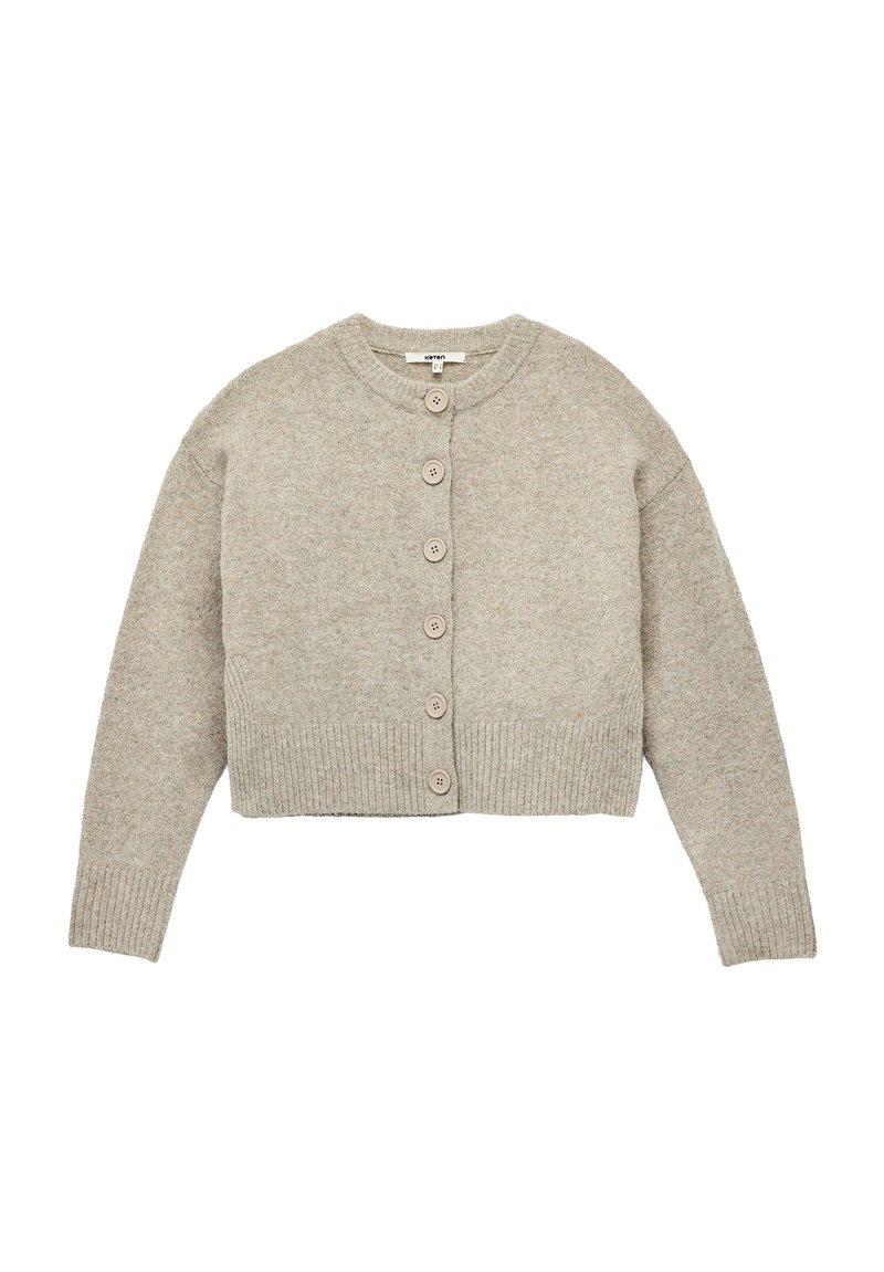 Lichtgrijze korte cardigan van zacht breisel, met een ronde halslijn en zes bijpassende knopen aan de voorkant. Ribgebreide manchetten en zoom.