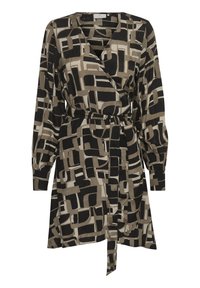 Wickelkleid mit geometrischem Muster in Schwarz, Beige und Grau. Verfügt über lange Ärmel, einen Bindegürtel und einen V-Ausschnitt. Weicher Stoff.