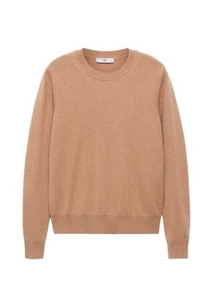 Light brown sweater made of soft fabric, featuring a round neckline, long sleeves, and ribbed hem. Simple, classic design with no patterns.
