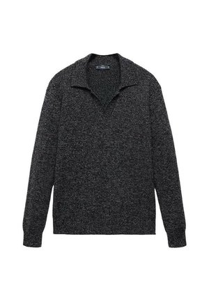 Black and gray textured sweater with a V-neck collar, long sleeves, and ribbed cuffs. Crafted from a knit material.
