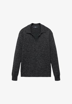 Čierny a šedý textúrovaný sveter s výstrihom do V, dlhými rukávmi a elastickými manžetami. Vyrobený z pleteného materiálu.