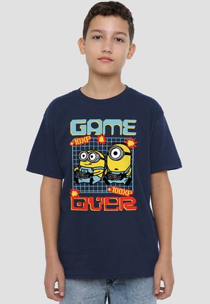 Navy blue cotton t-shirt featuring graphic of two cartoon characters playing video games, with "GAME OVER" text in bright colors.