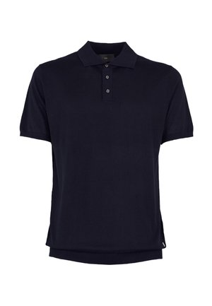 Granatowa koszulka polo z krótkim rękawem, trzema guzikami i klasycznym kołnierzykiem, prezentowana na białym tle.