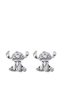 Silver-tone stud earrings shaped like a cartoon character, featuring raised arms, detailed facial features, and a glossy finish.