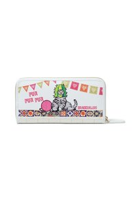 Portafoglio bianco testurizzato con un grafico di un gatto con un cappello a forma di cactus verde, festoni colorati e una pallina di lana rosa. Chiusura con zip dorata.