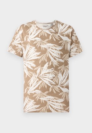 Camiseta de manga curta em castanho claro com um padrão de folhas brancas. Tecido suave, design de decote redondo e corte descontraído.