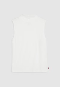 White sleeveless top with a high neckline, made from soft material, featuring a straight hem and a small red logo tag on the side.
