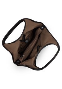 Borsa tote in pelle nera con due scomparti interni, foderata in tessuto marrone e dotata di tasca con zip. Texture liscia e manici tondi.