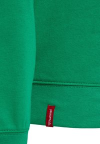 Zielona bluza z miękką teksturą, ściągaczami przy mankietach oraz czerwoną metką tkaninową wszytą u dołu, na której widnieje nazwa marki.