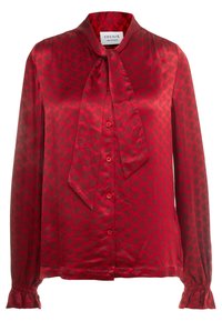 Rote Satinbluse mit Schleife, langen Ärmeln und Knopfleiste. Verfügt über ein strukturiertes geometrisches Muster und geraffte Manschetten. Markenlabel sichtbar.