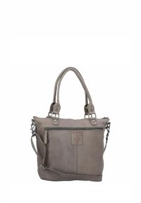 Borsa a tracolla in pelle grigia con doppio manico, tracolla regolabile, tasca frontale con zip e logo ancorato prominente sul davanti.