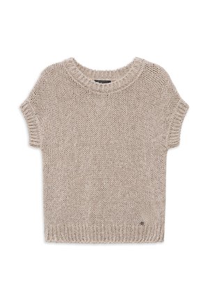 Beiger kurzärmeliger Strickpullover mit geripptem Halsausschnitt, Ärmeln und Saum, mit einem kleinen Markenschild nahe dem unteren Rand.