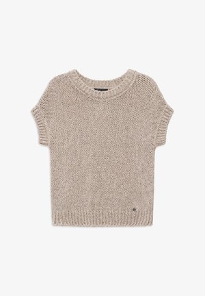 Beiger kurzärmeliger Strickpullover mit geripptem Halsausschnitt, Ärmeln und Saum, mit einem kleinen Markenschild nahe dem unteren Rand.