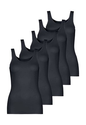 Five black sleeveless tank tops arranged overlapping, shown from the front on a white background.