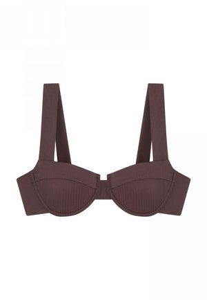 Sujetador burdeos con aros, correas anchas, textura suave, diseño de copas estructuradas y frente sin costuras. Ideal para soporte y comodidad.