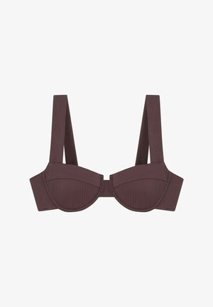 Sujetador burdeos con aros, correas anchas, textura suave, diseño de copas estructuradas y frente sin costuras. Ideal para soporte y comodidad.