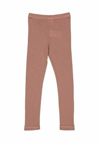 Pink leggings made of soft, stretchy fabric. They have a smooth texture, a fitted design, and an elastic waistband for comfort.