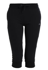 Pantaloni della tuta neri realizzati in tessuto morbido, con una vita elastica dotata di lacci, due tasche laterali e polsini affusolati.