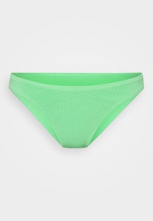 Zeleni bikini spodnji del z teksturirano, zigzag vzorcem, nizkim dizajnom in gladkim elastičnim pasom.