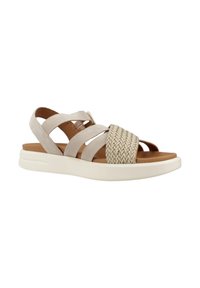 Beige sandal med vävd tårem, mjuka remmar, justerbar spänne och vit vadderad sula. Slät textur med en avslappnad design.