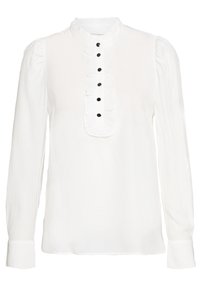 Blusa bianca a maniche lunghe in tessuto leggero con colletto alto, piastra arricciata e cinque bottoni neri sulla parte anteriore. Polsini piatti sulle maniche.