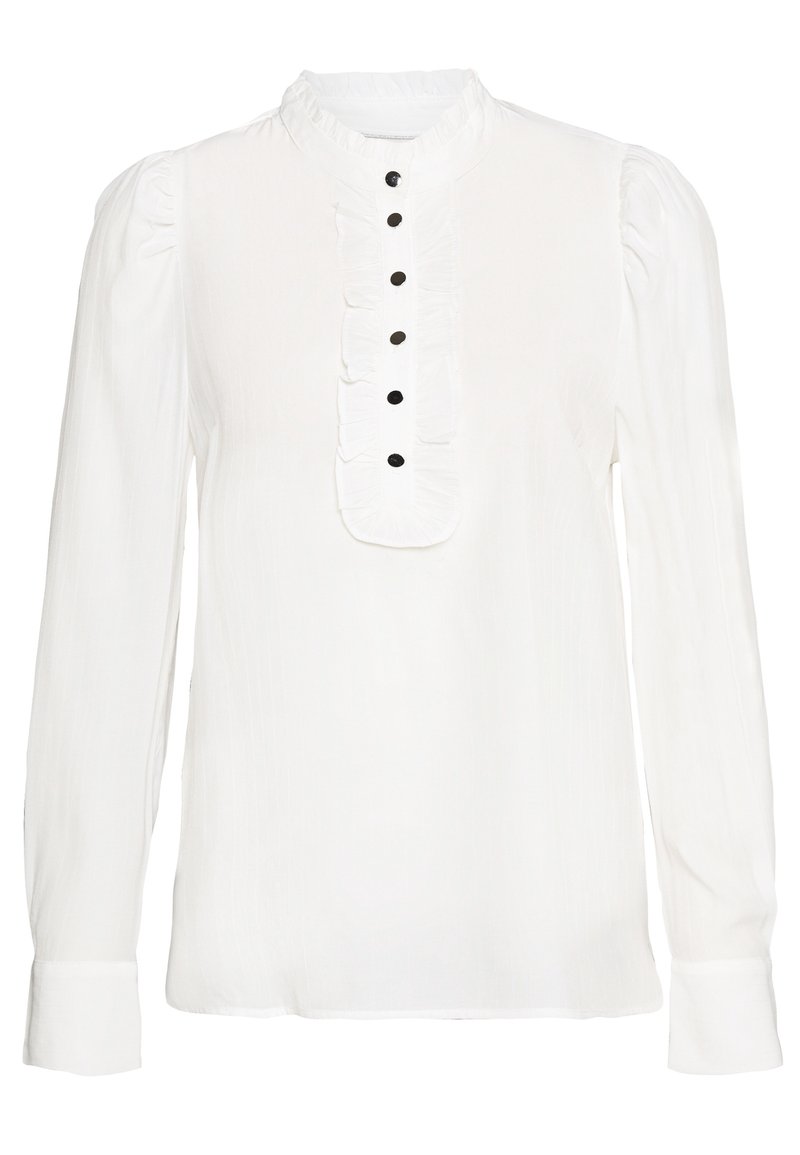 Blusa bianca a maniche lunghe in tessuto leggero con colletto alto, piastra arricciata e cinque bottoni neri sulla parte anteriore. Polsini piatti sulle maniche.